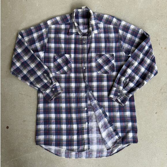 Vintage 80s Flannel Blue Red Western Two Pocket Made in USA Fits like Large - Picture 1 of 8